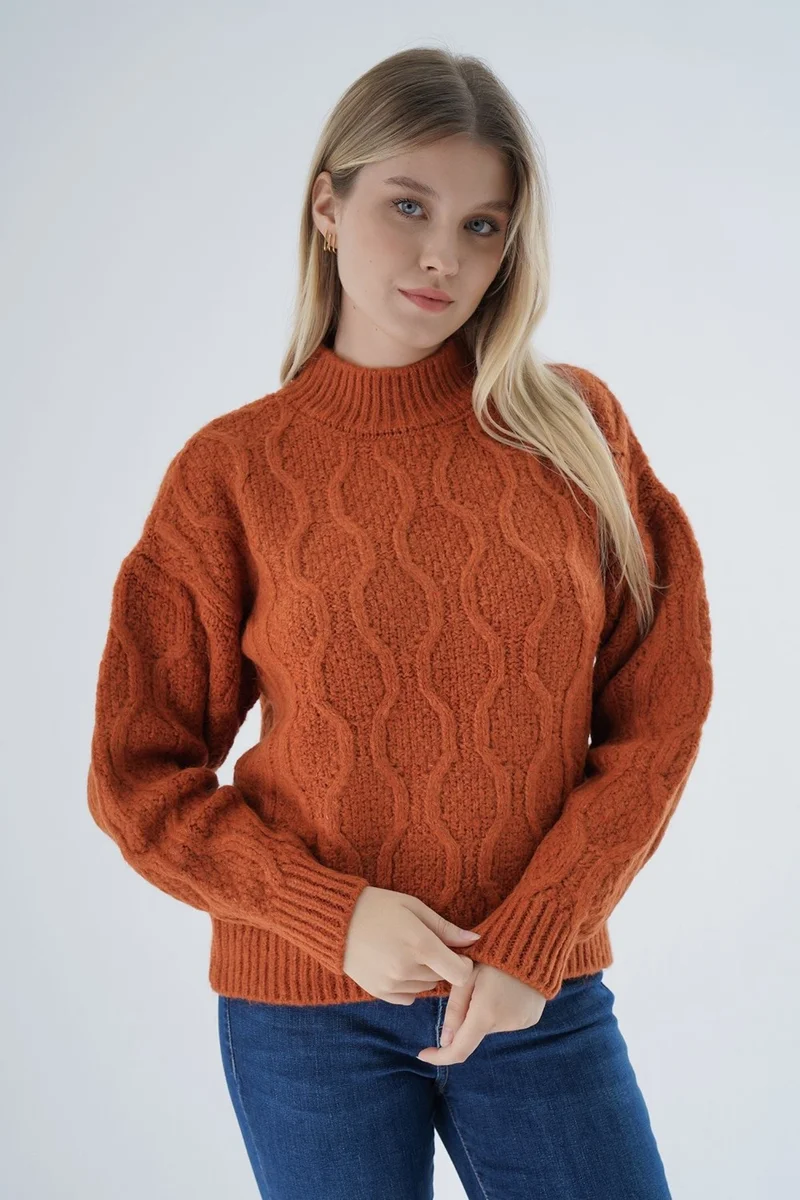 Trist Star Women Orange Oversize Half Turtleneck Walk Honeycomb Knitting Wool Special Yarn Knitwear Knitted Sweater