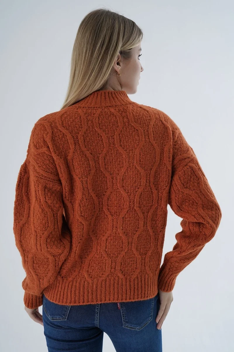 Trist Star Women Orange Oversize Half Turtleneck Walk Honeycomb Knitting Wool Special Yarn Knitwear Knitted Sweater