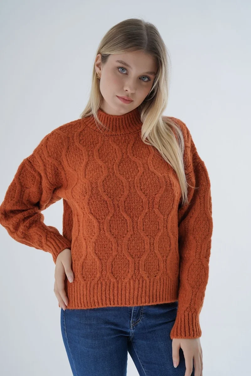 Trist Star Women Orange Oversize Half Turtleneck Walk Honeycomb Knitting Wool Special Yarn Knitwear Knitted Sweater