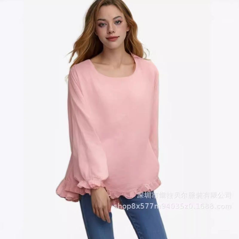 Women's Loose Fit Cotton-Linen Round Neck Long Sleeve Blouse with Ruffles - Image 2