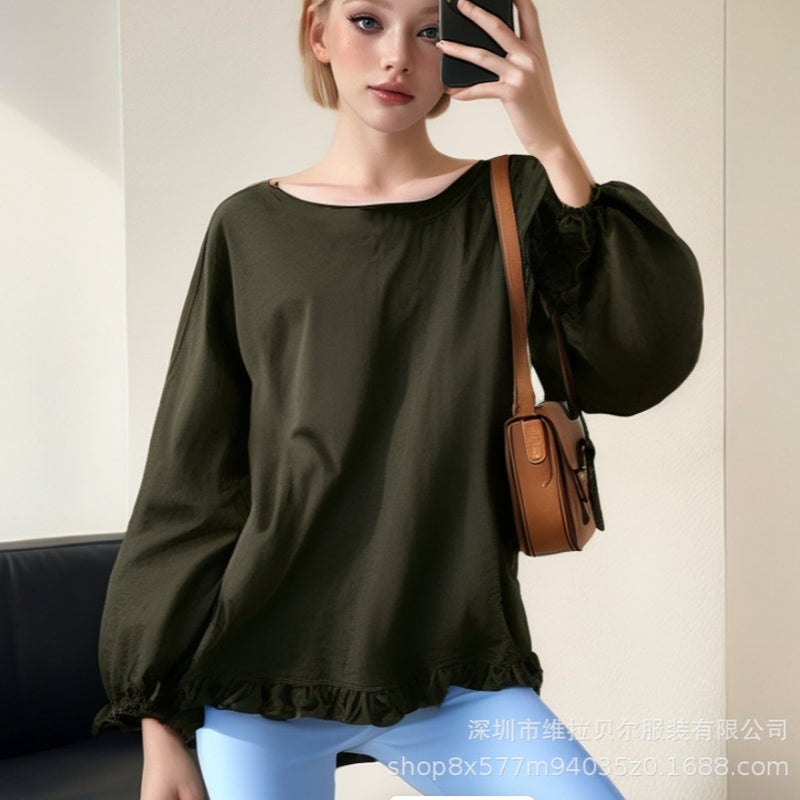 Women's Loose Fit Cotton-Linen Round Neck Long Sleeve Blouse with Ruffles - Image 3