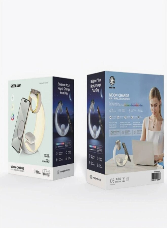 Green Lion Moon Charge 4 in 1 Wireless Charger with RGB Ambient Light, Fast Charging, Touch Sensor Switch, Over Voltage Protection - White - Image 2
