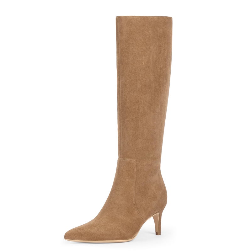 QIY Suede Tall Boots for Women Pointed Toe Kitten Heel Knee High Boots Tan Fall Boots 2025 Size 8 - Image 1