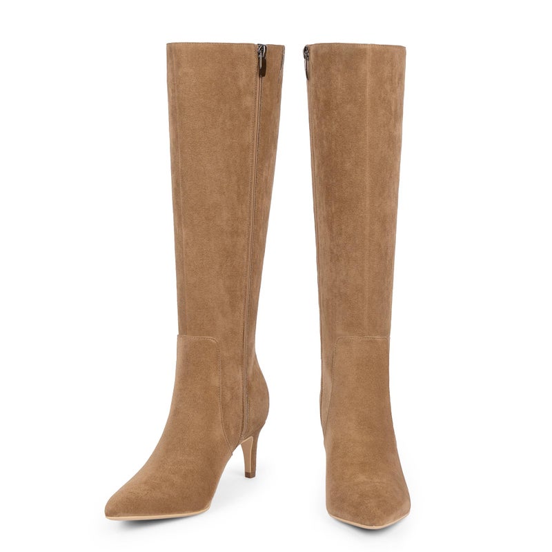 QIY Suede Tall Boots for Women Pointed Toe Kitten Heel Knee High Boots Tan Fall Boots 2025 Size 8 - Image 4