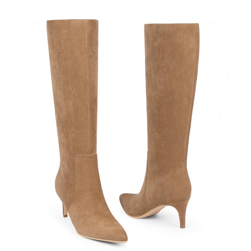 QIY Suede Tall Boots for Women Pointed Toe Kitten Heel Knee High Boots Tan Fall Boots 2025 Size 8 - Image 5