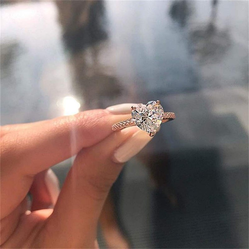 AZQ 925 Sterling Silver Round Perfect Cut 3ct Single Stone Shiny Heart Rings CZ Cubic Zirconia Promise Love Halo Engagement Wedding Band Eternity Ring for Women (US Code 6) - Image 2