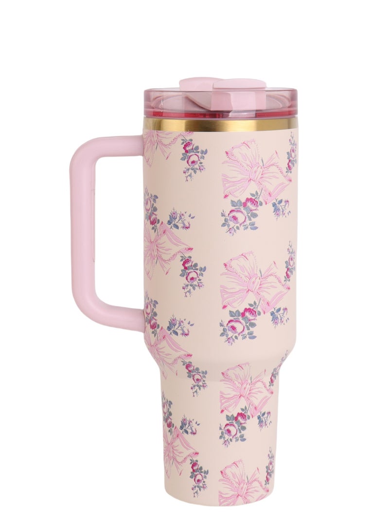 Mmmon 40 oz Tumbler With Handle, Vacuum Insulated Travel Coffee MugStainless Steel insulated Cup for Beverages,Leak-proof, cupholder Friendly,Tumbler with Lid and Straw for Water, lced Teaor Coffee, Smoothie and More(Without straws)Pink