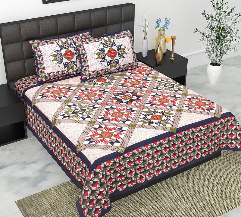 EarlyMart 100% Cotton Double Bedsheet for Double Bed King Size Traditional Jaipuri Bedsheet with 2 Pillow Covers - Multi036 - Image 1