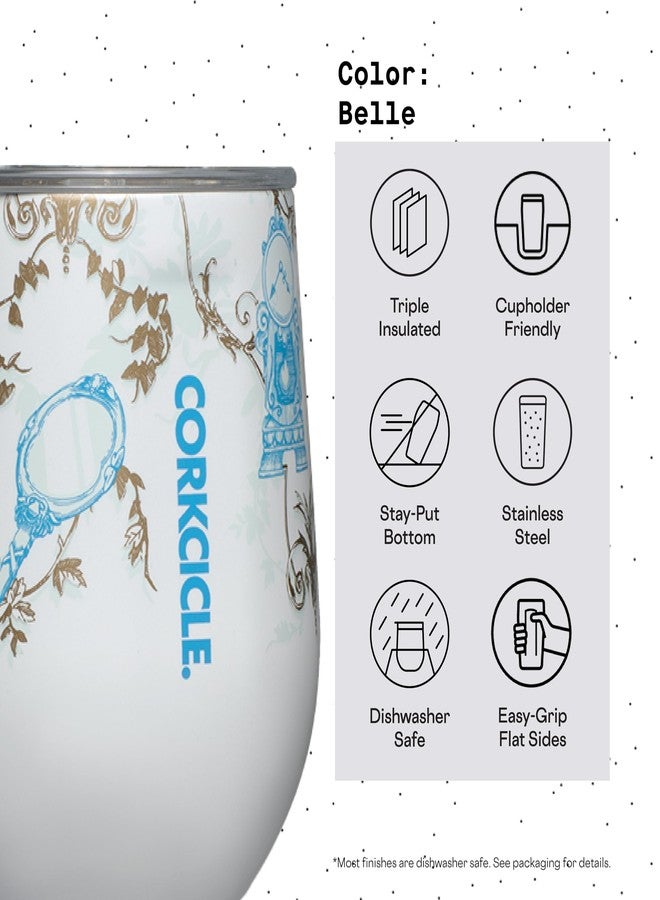 CORKCICLE كوب نبيذ بدون ساق من كورتككل ديزني الأميرة بيل، مصنوع من الفولاذ المقاوم للصدأ المعزول ثلاث مرات، غطاء سفر مقاوم للكسر، يحافظ على المشروبات باردة لمدة 9 ساعات، 12 أونصة - Image 4