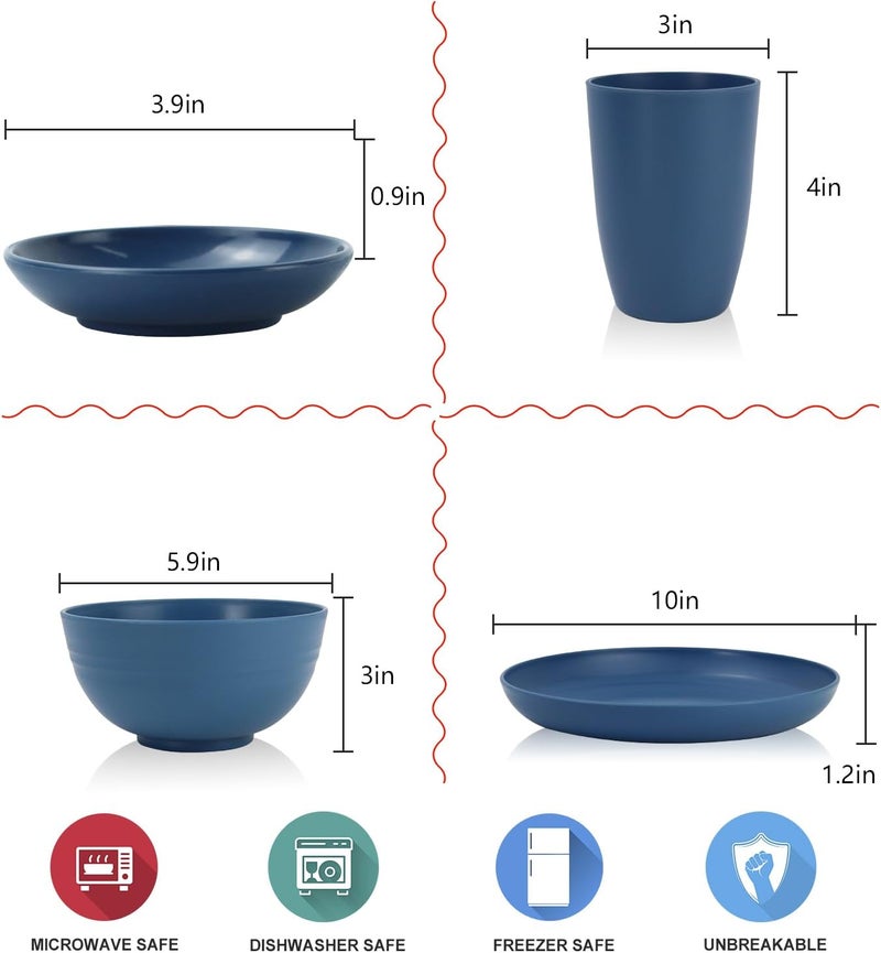 Wrova Wheat straw plates and bowls sets with cutlery  Unbreakable wheat straw dinnerware sets  Dishwasher safe platesbowlscups for apartmentBlue - Image 2
