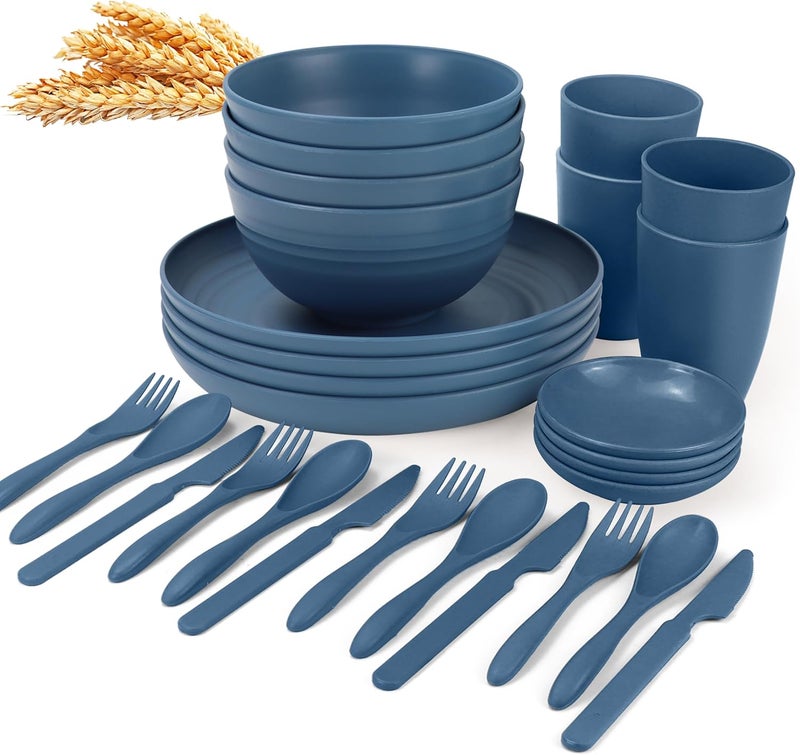 Wrova Wheat straw plates and bowls sets with cutlery  Unbreakable wheat straw dinnerware sets  Dishwasher safe platesbowlscups for apartmentBlue - Image 1
