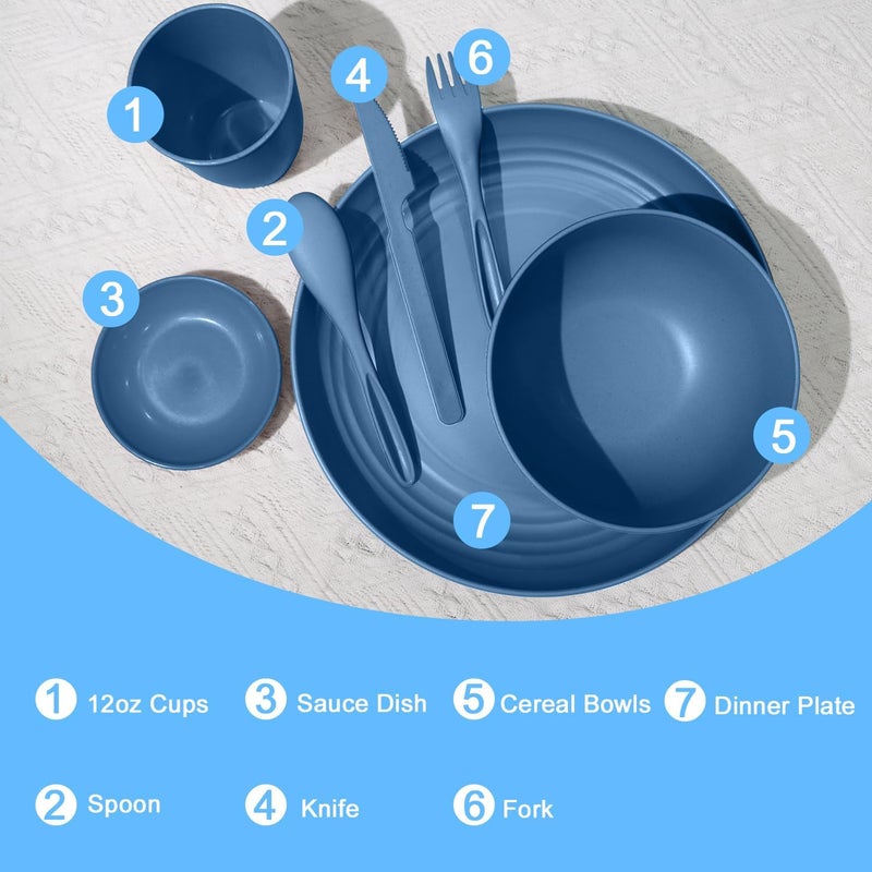 Wrova Wheat straw plates and bowls sets with cutlery  Unbreakable wheat straw dinnerware sets  Dishwasher safe platesbowlscups for apartmentBlue - Image 3