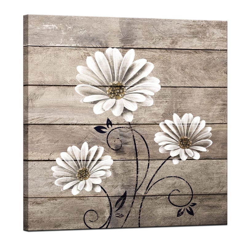 LevvArts Daisy Flower Wall Art Rustic Farm Floral Painting Artwork for Farmhouse Home Bedroom Bathroom Decor Vintage White Brown Flower Art Poster Kitchen Decor Easy Hanging 24x24
