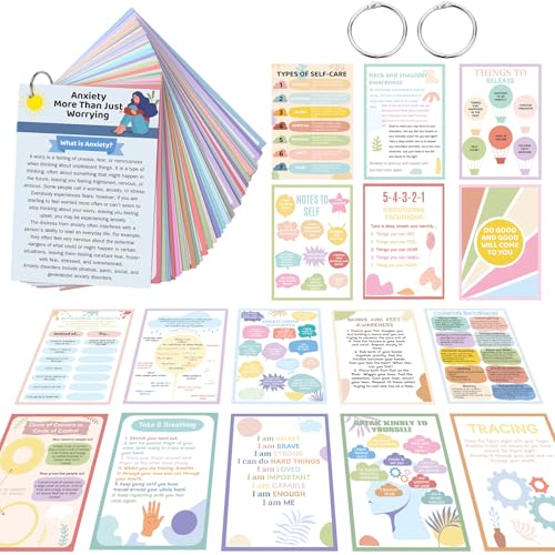 Affrolling 72 Pcs Anxiety Coping Skill Cards Social Anxiety Relief Self Care Flashcard with Metal Binder Rings Coping Strategy Therapy Cards for Family University and Office59 x 4 Inches - Image 1