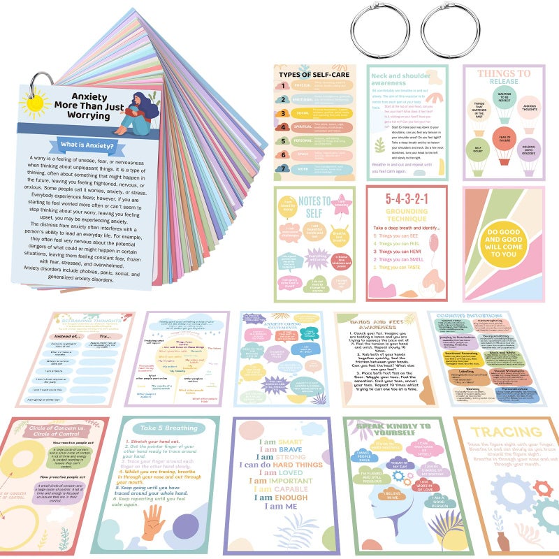 Affrolling 72 Pcs Anxiety Coping Skill Cards Social Anxiety Relief Self Care Flashcard with Metal Binder Rings Coping Strategy Therapy Cards for Family University and Office59 x 4 Inches - Image 3