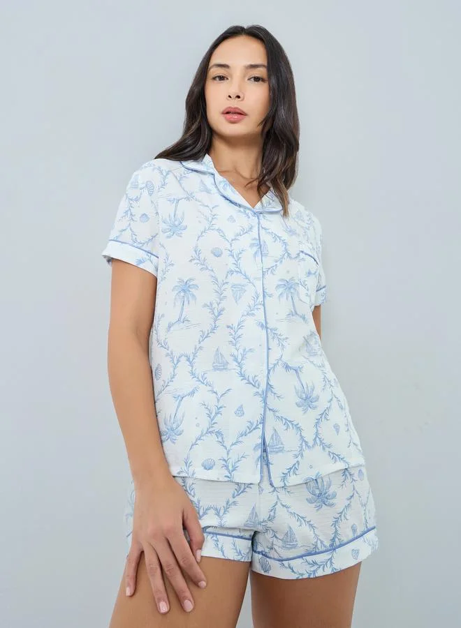 Take Two Light Blue Printed Piped Shirt and Shorts Set