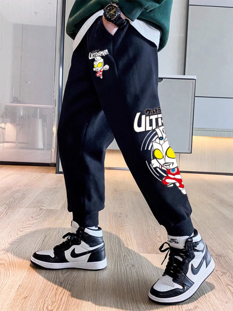 Boys' Jogger Pants, Spring and Autumn Children's Clothing, Cuffed Pants, Children's Fashionable Cartoon Fleece-Lined Long Pants, Trendy Wear - Image 5