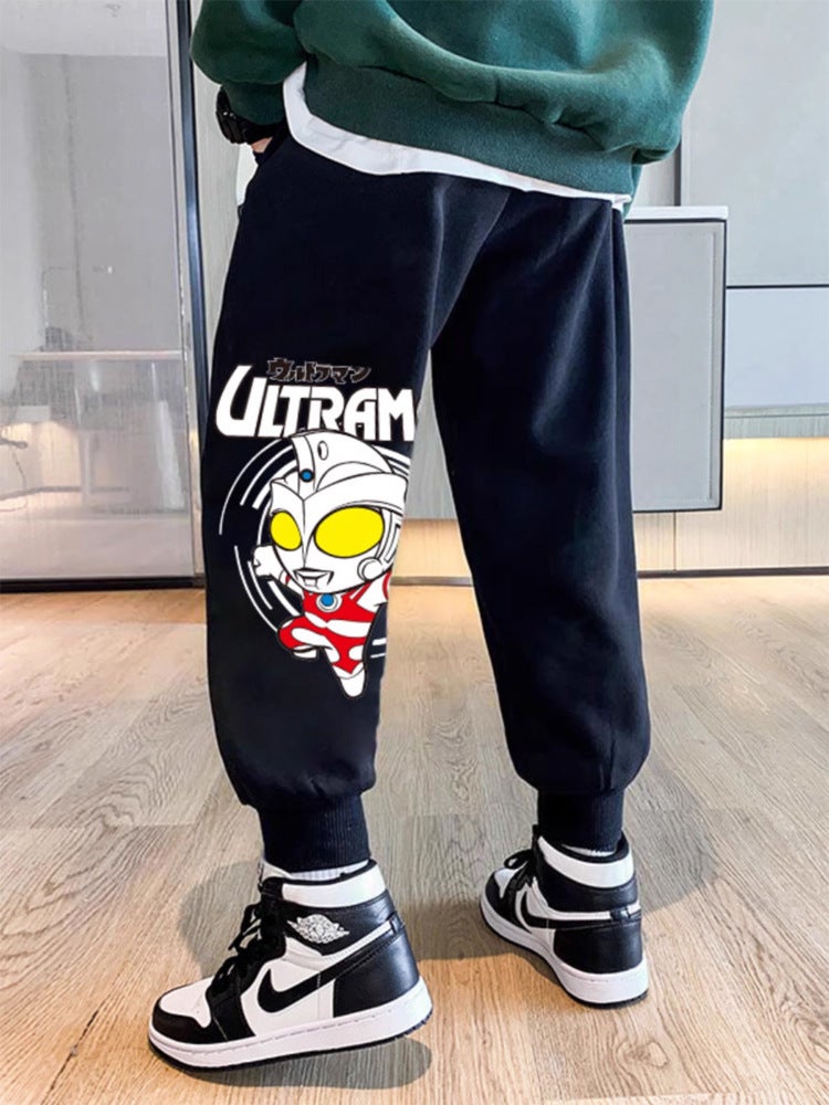 Boys' Jogger Pants, Spring and Autumn Children's Clothing, Cuffed Pants, Children's Fashionable Cartoon Fleece-Lined Long Pants, Trendy Wear - Image 2