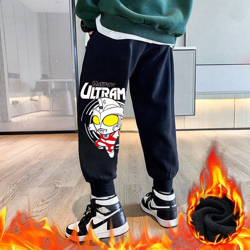 Boys' Jogger Pants, Spring and Autumn Children's Clothing, Cuffed Pants, Children's Fashionable Cartoon Fleece-Lined Long Pants, Trendy Wear - Image 1
