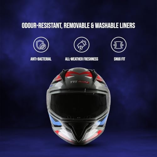 TVS Racing Titan Series Full Face Helmet for Men | Premium Bike Helmets with ABS Shell, UV Paint | Quick Release System | Aerodynamic Design | DOT & ISI Certified (Red & Blue, L) - Image 4