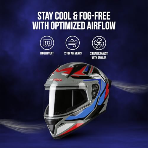 TVS Racing Titan Series Full Face Helmet for Men | Premium Bike Helmets with ABS Shell, UV Paint | Quick Release System | Aerodynamic Design | DOT & ISI Certified (Red & Blue, L) - Image 3