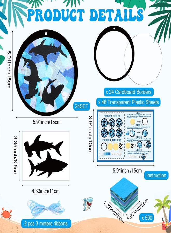 Tinlade 24 Set Summer Shark Crafts Under The Sea Shark Tissue Paper Suncatcher Craft Kit DIY Beach Ocean Animal Hanging Ornaments Make Your Own Window Decor Summer Classroom Party Decoration Supplies - Image 2