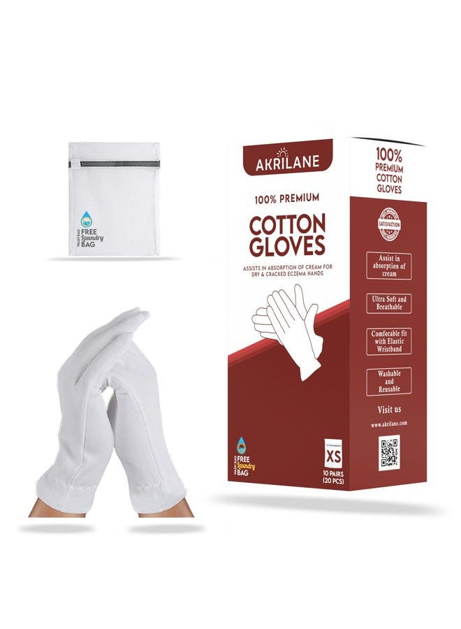 AKRILANE XS Extra Small 10 Pairs 100% Premium Cotton Gloves for Dry Hands | Moisturizing Overnight Gloves for Eczema, Psoriasis & Skin Spa Treatment for Women & Men | Washable & Reusable with Free Laundry Bag - Image 1