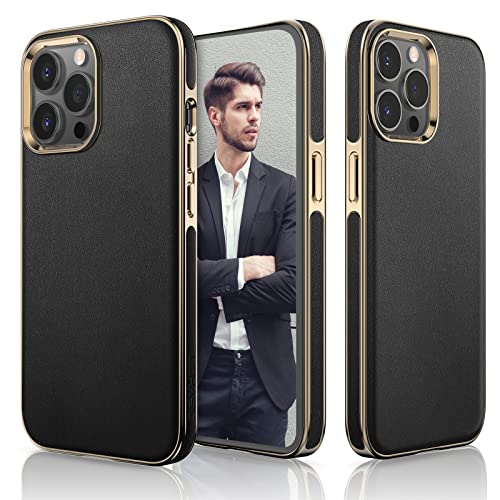 LOHASIC Designed for iPhone 13 Pro Max Leather Case, Premium Business Slim Classic Cover Soft Grip Shockproof Men Phone Cases Compatible with iPhone 13 Pro Max 5G 6.7 inch - Black Gold - Image 1