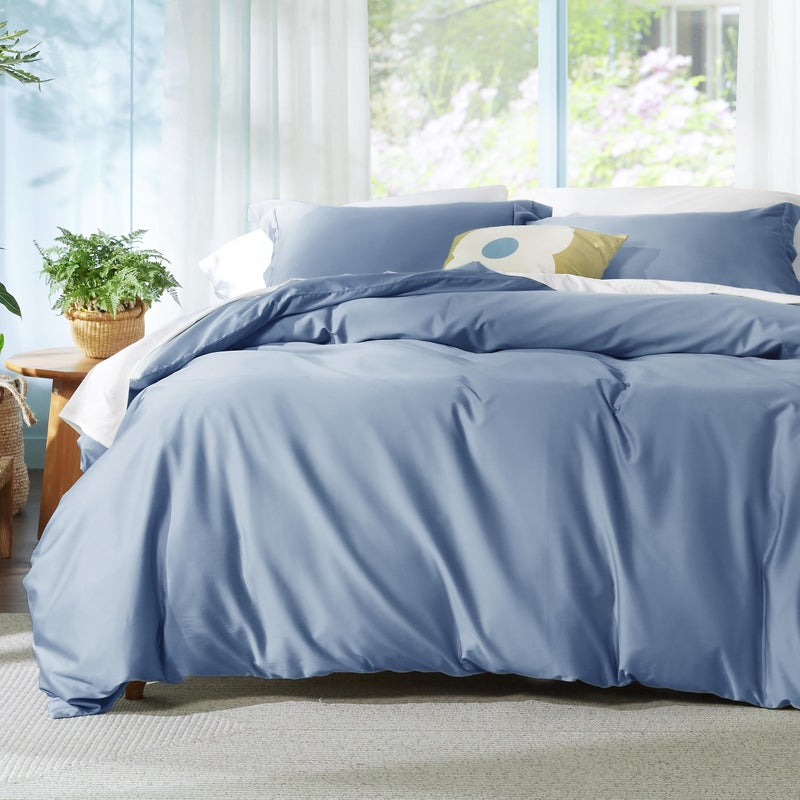 Bedsure 3 Pcs Duvet Cover Set King Size (265 cm x 230 cm) with 2 Pillow Shams (50 cm x 90 cm) - Moisture-Wicking, Cooling Silky Eucalyptus Lyocell Cotton Blend Ideal for Hot Sleeper - GentleSoft™ and Breathable, Slate Blue - Image 1