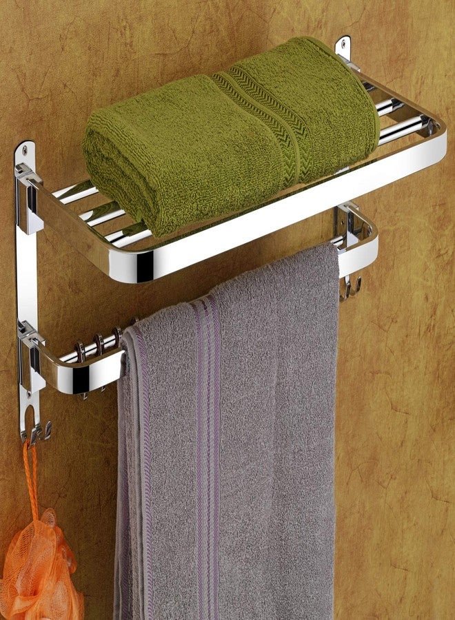 iSTAR Stainless Steel 2 Tier Foldable Towel Rack with Hooks | Durable Multipurpose Wall Mounted Double Shelf Organizer for Clothes, Bath Robe | Ideal for Bathroom, Hotels and Home (Silver) - Image 1