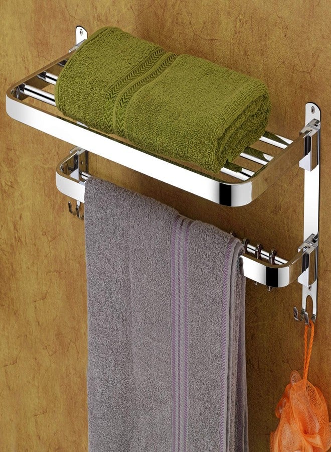 iSTAR Stainless Steel 2 Tier Foldable Towel Rack with Hooks | Durable Multipurpose Wall Mounted Double Shelf Organizer for Clothes, Bath Robe | Ideal for Bathroom, Hotels and Home (Silver) - Image 2