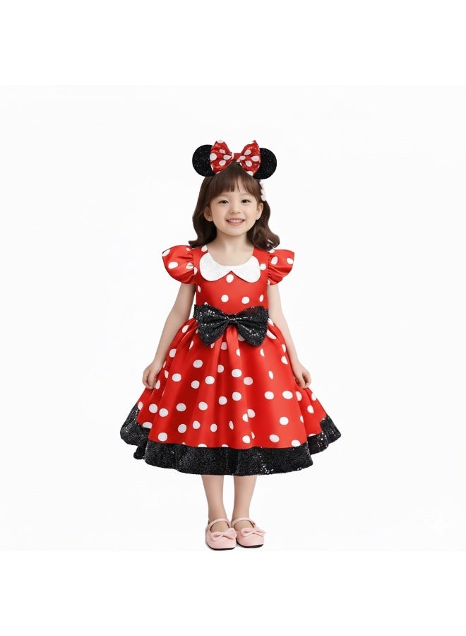 سعودي سيليكت فستان بناتي صغير مستوحى من ملابس ميني ماوس، فستان حفلات كاجوال بأكمام قصيرة مع فيونكة للأطفال من عمر 12 إلى 36 شهرًا (80-100 سم) - Image 1