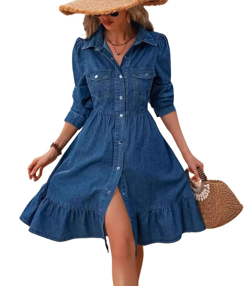 utcoco Women's Flowy Denim Dress 2025 Vacation Lapel Long Puff Sleeve Button Down A Line Swing Ruffle Jean Dress (X-Large, Blue) - Image 1