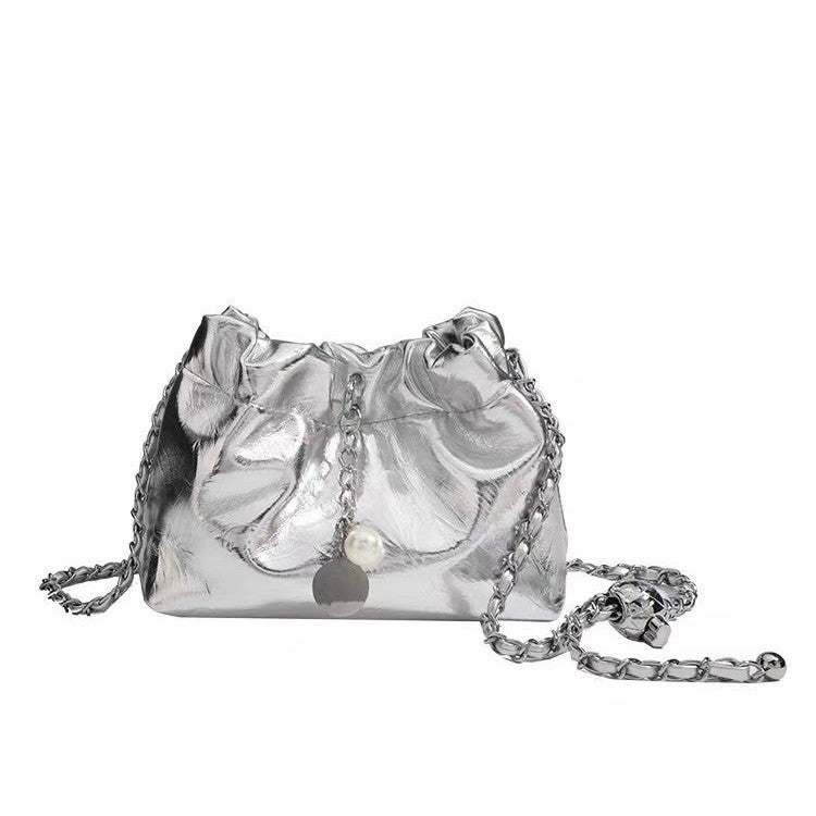 Pleated Cloud Bucket Bag with Chain Strap - Image 5