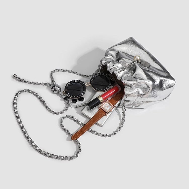 Pleated Cloud Bucket Bag with Chain Strap - Image 3