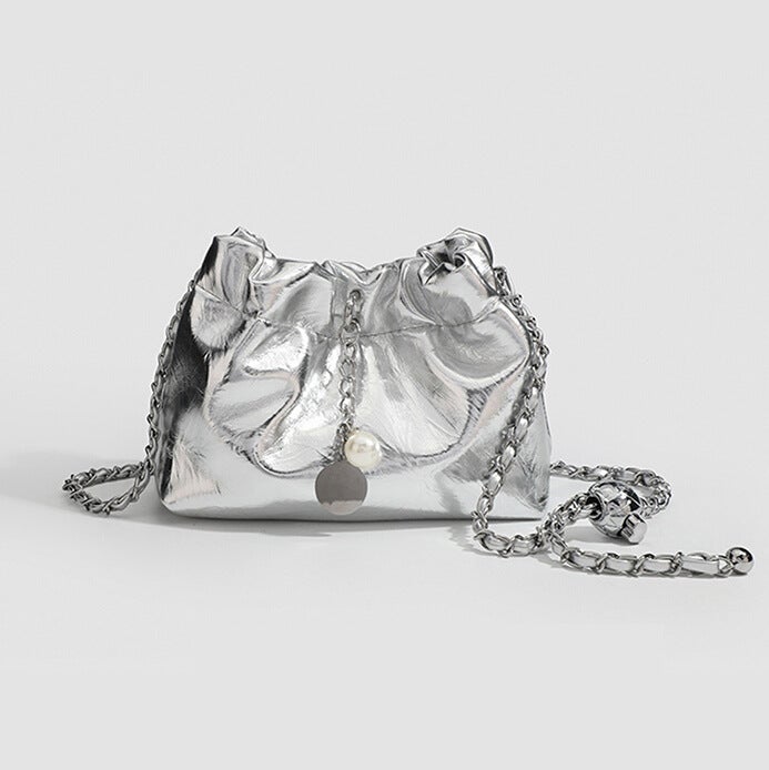 Pleated Cloud Bucket Bag with Chain Strap - Image 2