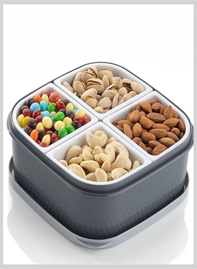 Red Champion Multifunctional 4-Section Plastic Square Dry Fruit Dabba Box Set – Grey, with Spoon – 4-in-1 Organizing Box for Dry Fruits, Snacks, and Nuts - Image 1