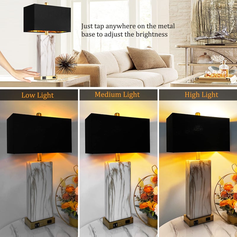 PARTPHONER Touch Control Table Lamps Set of 2, Modern Contemporary Bedside Lamp with 2 USB Ports 1 AC Outlet, 3-Way Dimmable Nightstand Lamp Faux Marble Gold Black Rectangular Shade for Living Room Bedroom - Image 2