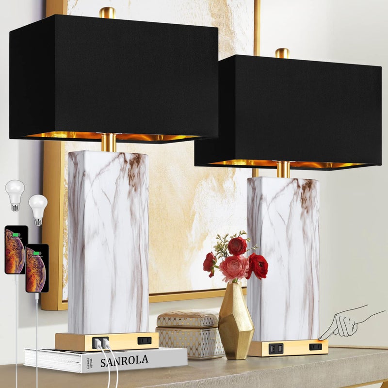 PARTPHONER Touch Control Table Lamps Set of 2, Modern Contemporary Bedside Lamp with 2 USB Ports 1 AC Outlet, 3-Way Dimmable Nightstand Lamp Faux Marble Gold Black Rectangular Shade for Living Room Bedroom - Image 1