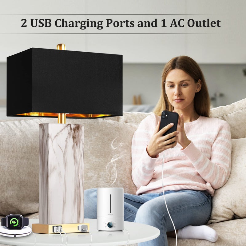 PARTPHONER Touch Control Table Lamps Set of 2, Modern Contemporary Bedside Lamp with 2 USB Ports 1 AC Outlet, 3-Way Dimmable Nightstand Lamp Faux Marble Gold Black Rectangular Shade for Living Room Bedroom - Image 3