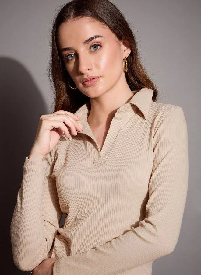 ساسافراس بلوزة قطنية ضيقة بيج للنساء