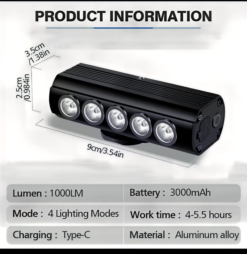 Linist 1000 Lumen Rechargeable Bicycle Headlight, 3000mAh USB Type-C Cycling Front Light, Aluminum Alloy Bicycle Flashlight with 4 Modes, Waterproof LED Bicycle Light for MTB & Road Bicycle - Image 3