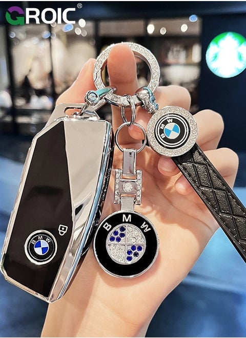 For BMW Key Fob Cover with Keychain, Chrome Silver Trim Soft TPU Car Key Shell Case for 2023 2024 BMW 7 Series 740 760i I5 I7 IX X1 X5 X6 X7 XM, BMW Accessories Key Protector（Black）