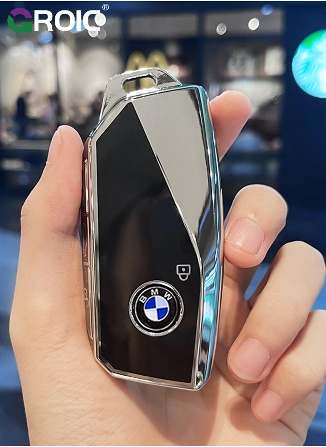 GROIC - For BMW Key Fob Cover with Keychain, Chrome Silver Trim Soft TPU Car Key Shell Case for 2023 2024 BMW 7 Series 740 760i I5 I7 IX X1 X5 X6 X7 XM, BMW Accessories Key Protector（Black） - Image 1