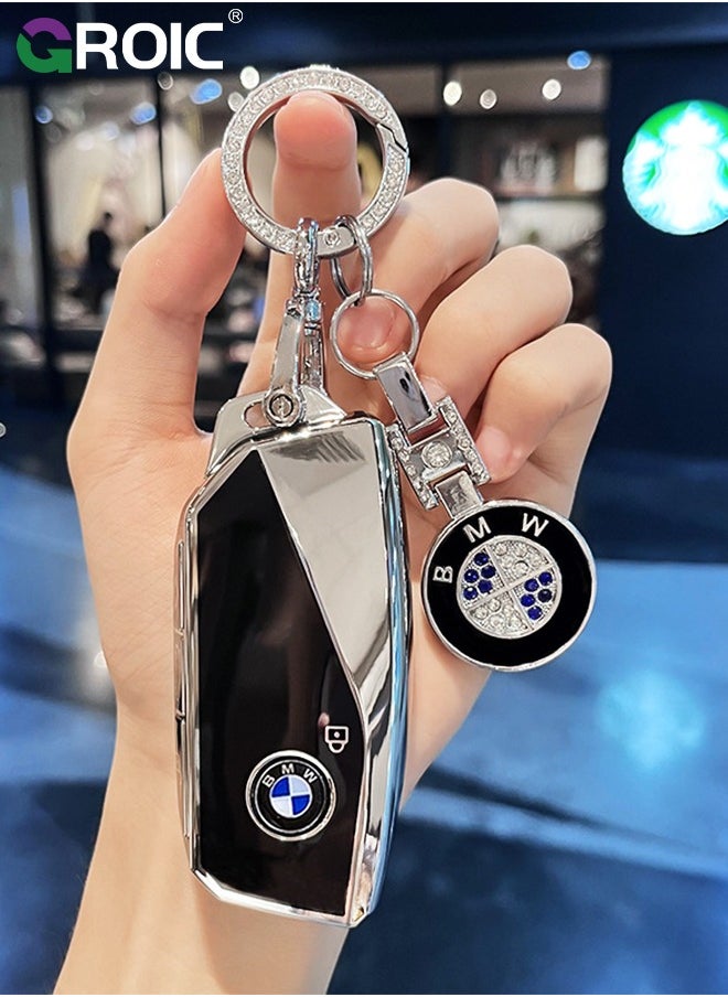 GROIC - For BMW Key Fob Cover with Keychain, Chrome Silver Trim Soft TPU Car Key Shell Case for 2023 2024 BMW 7 Series 740 760i I5 I7 IX X1 X5 X6 X7 XM, BMW Accessories Key Protector（Black） - Image 1