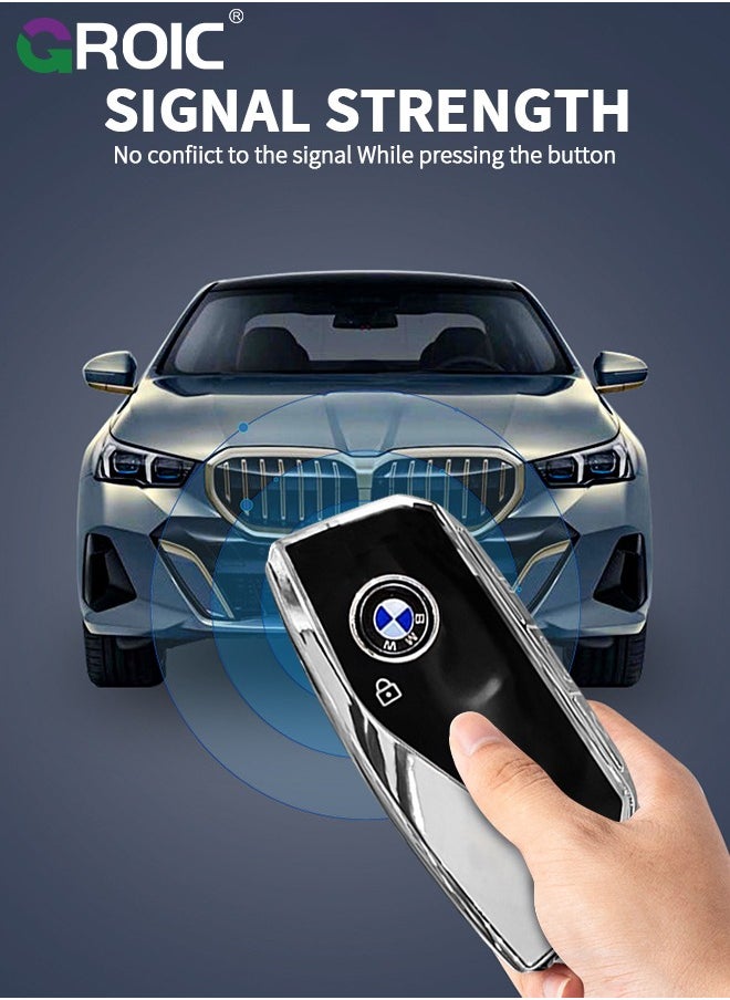 GROIC - For BMW Key Fob Cover with Keychain, Chrome Silver Trim Soft TPU Car Key Shell Case for 2023 2024 BMW 7 Series 740 760i I5 I7 IX X1 X5 X6 X7 XM, BMW Accessories Key Protector（Black） - Image 1
