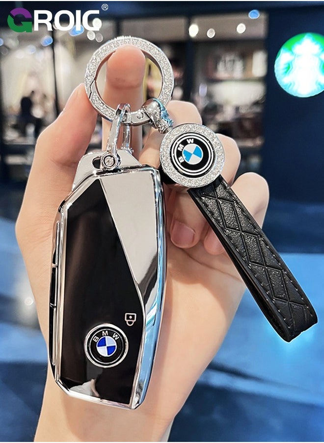 GROIC - For BMW Key Fob Cover with Keychain, Chrome Silver Trim Soft TPU Car Key Shell Case for 2023 2024 BMW 7 Series 740 760i I5 I7 IX X1 X5 X6 X7 XM, BMW Accessories Key Protector（Black） - Image 1