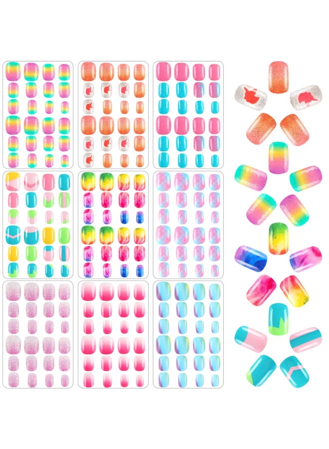 BOARDFEB 216Pcs 9 Pack Kids Press on Nails Grils Full Cover Short False Stick on Nail Tips for Kids Nail Art Decoration Christmas Birthday Valentines Party Favors GiftGradient Style - Image 2