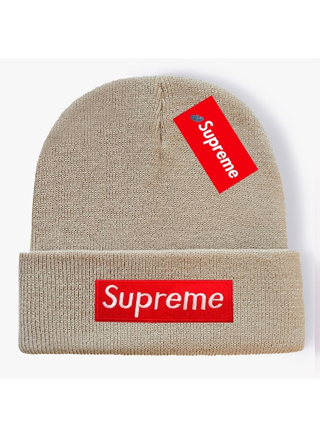 Supreme Red Box Logo Rib Knit Beanie (Sand Beige)