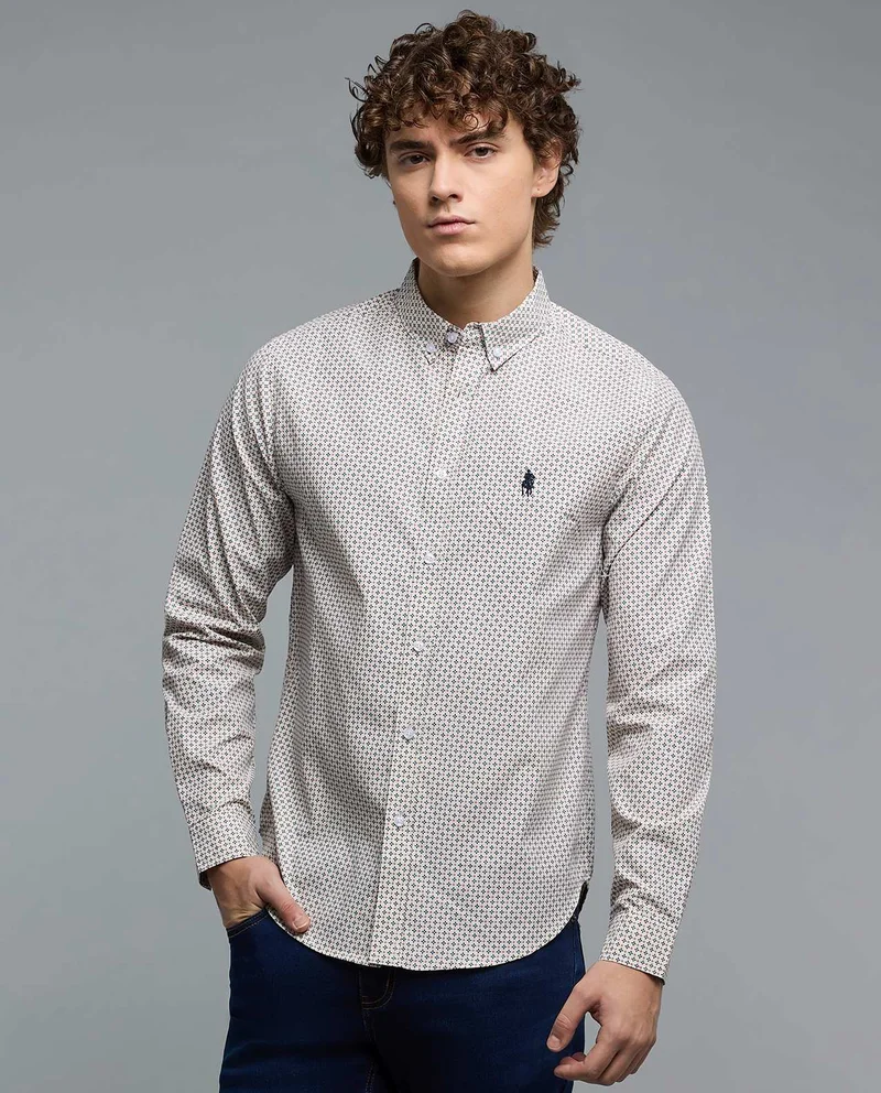 أر أند بي Printed Shirt with Button-Down Collar and Long Sleeves
